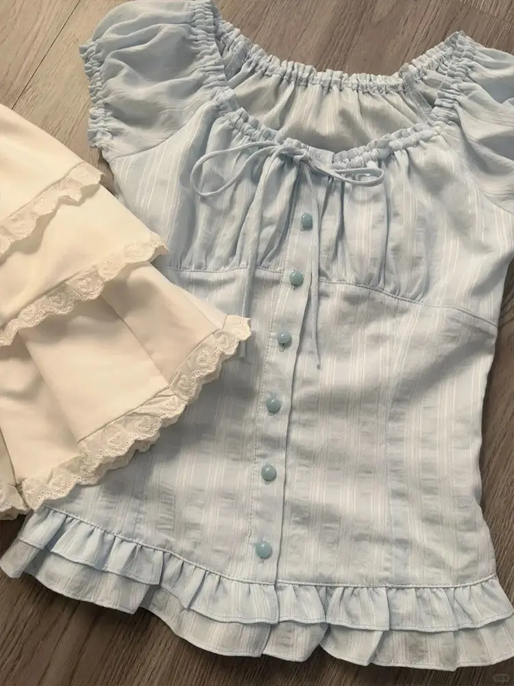 Французские милые блузки для женщин с круглым вырезом на шнуровке и оборками