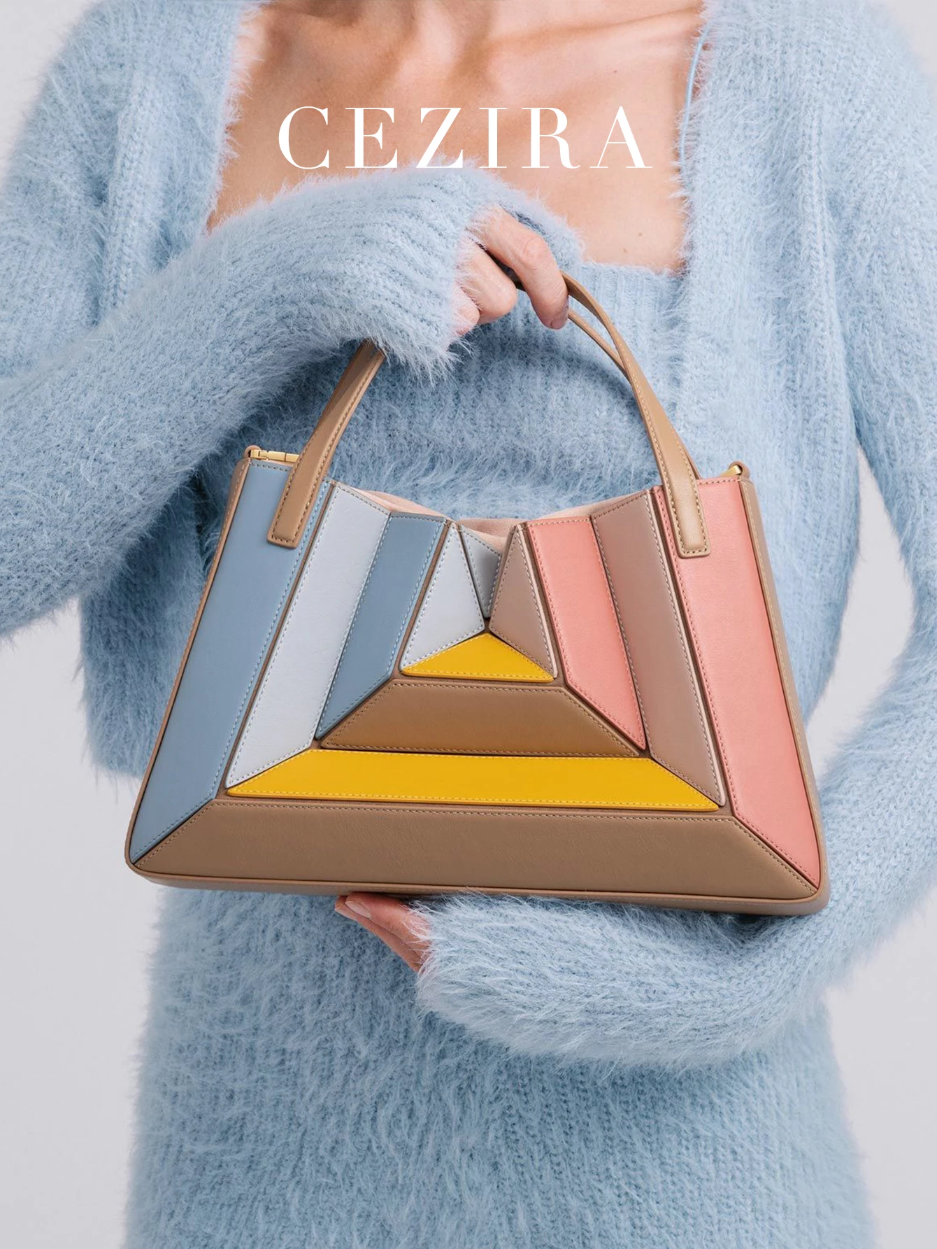 CEZIRA MultiColor Patchwork Design PU Vegan Leather Handbags Women Fashion Chic Top-handle Bucket Bags Cross body Shoulder Purse