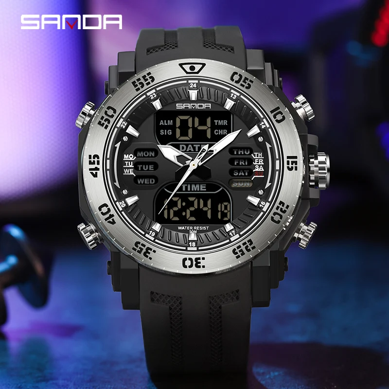 

SANDA Luxury Original Men Sports Wrist Watch Gold Quartz Steel Waterproof Dual Display Clock Watches Relogio Masculino 6029