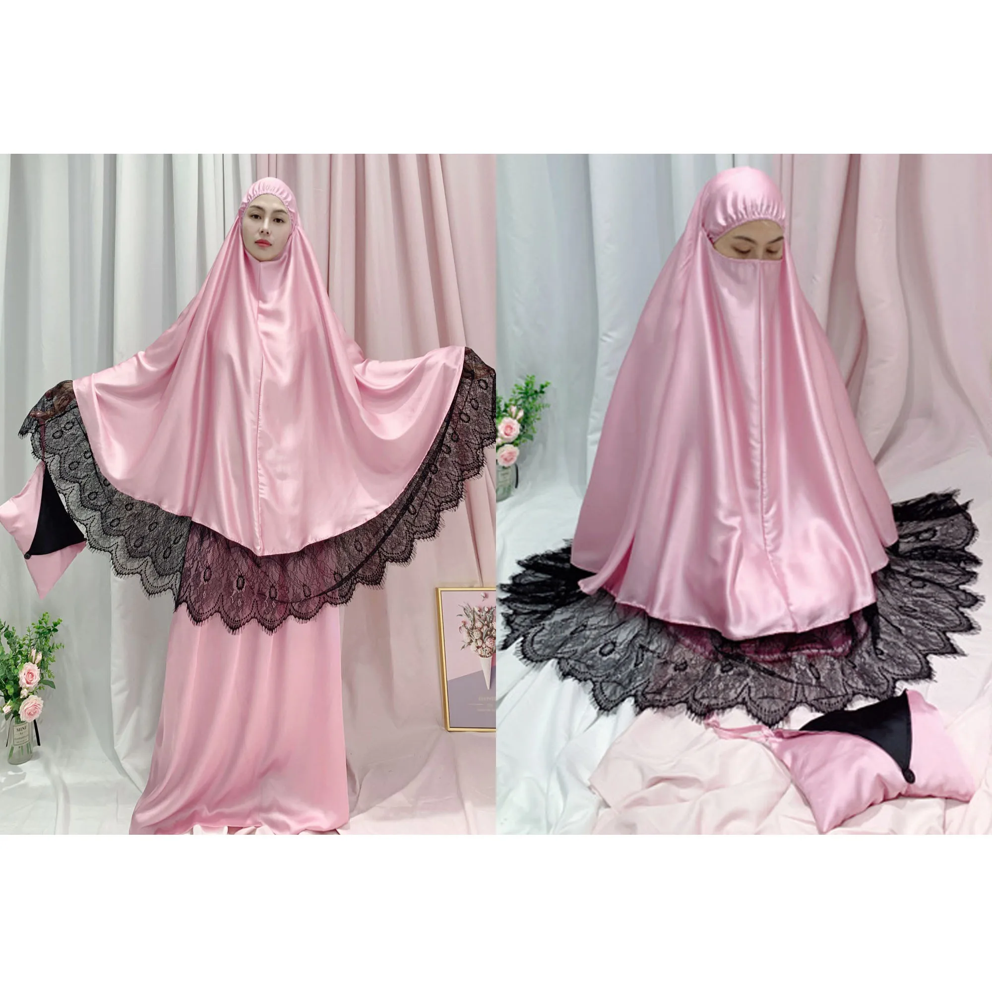 

Ramadan Eid Muslim Prayer Garment Large Lace Gown Dress Two piece Abaya Jilbab Hijab Long Khimar Robe Abayas Islam Clothing