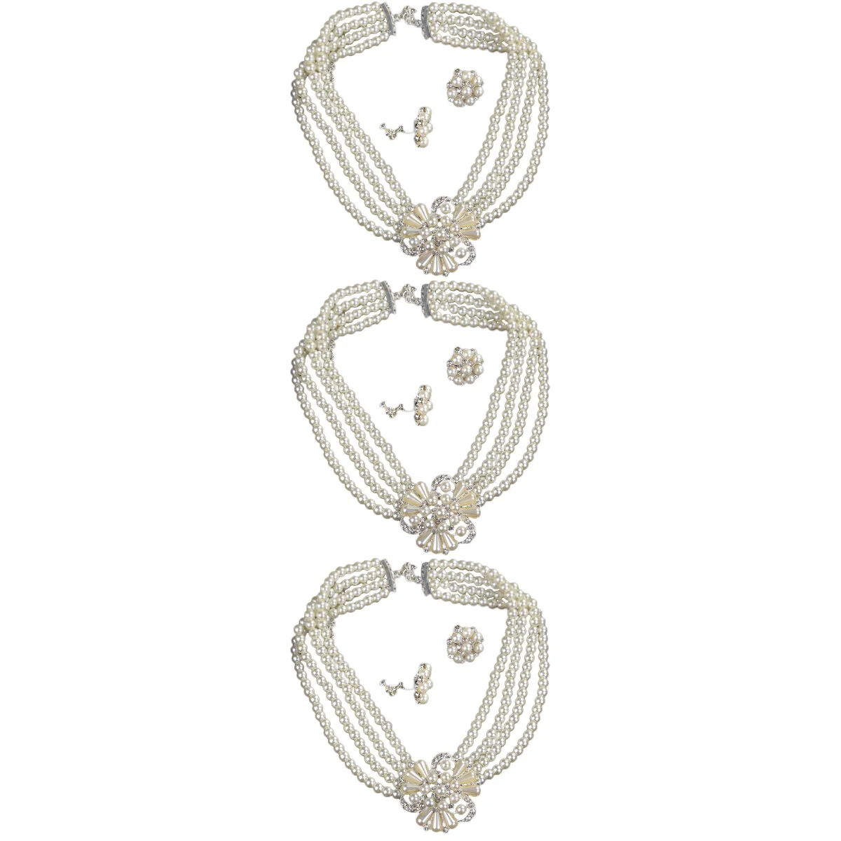 

3 Sets Artificial Pearl Necklace And Earring Set Clip On Stud Costume