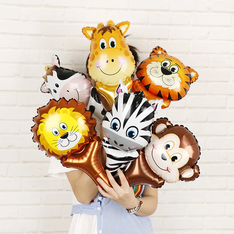 10pcs Handheld Animal Head Foil Balloons Cow Zebra Inflatable Air Balloon Jungle Party Decoration Kid Toys Birthday Party Decor images - 6
