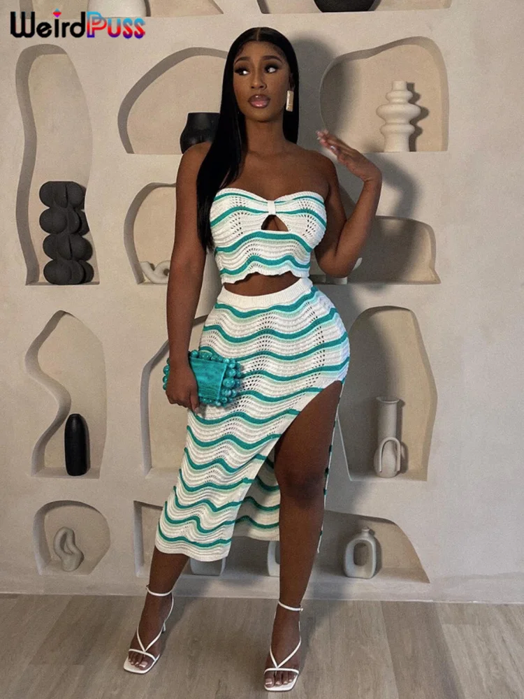 

Weird Puss Knit Sexy 2 Piece Set Women Y2K Fashion See Through Knot Strapless Tops+Irregular Split Long Skirts Matching Clubwear