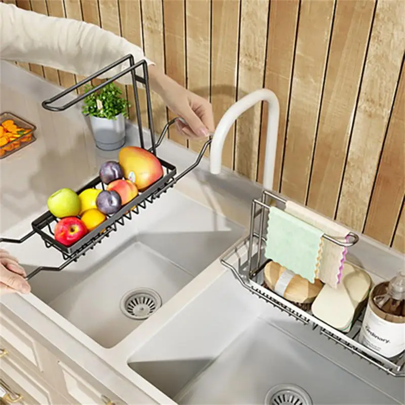 

Retractable Towel Rack Storage Basket 2-in-1 Draining Shelf Telescopic Sink Shelf Soap Sponge Holder Sinks Organizer Adjustable