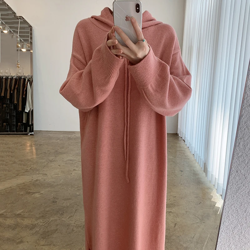 

Autumn and Winter Loose Knee Length Sweater Dress Casual Split Hooded Women's Woollen Dress Casual Split Hooded Knitted Dress