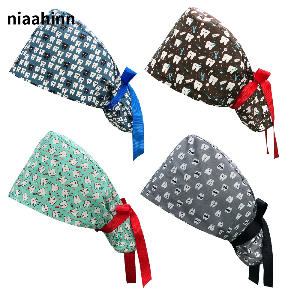 

Floral Bouffant Sanitary Cap with Sweatband Unisex Long Hair Scrub Nurse Hat Tooth Printing Nursing Caps Anti-dirty Working Hats