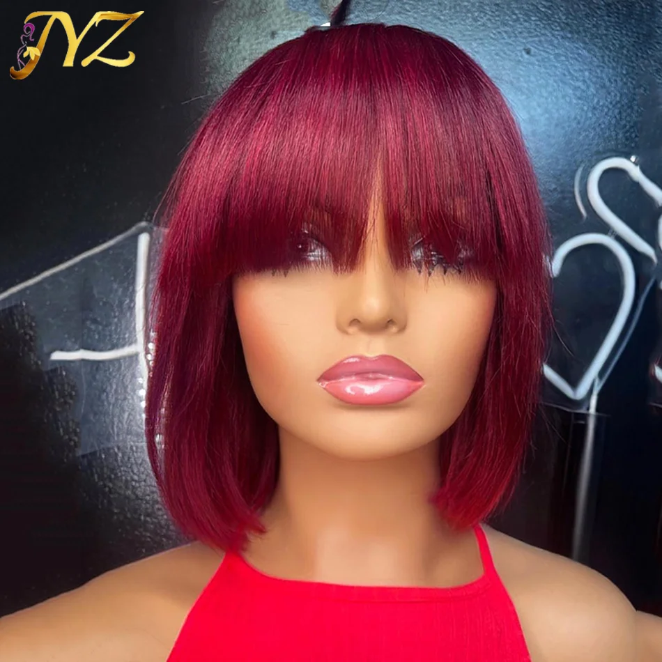 

99J красный бордовый короткий парик из человеческих волос с бахромой для женщин, прямые волосы без повреждений, парики с челкой, темно-коричн...