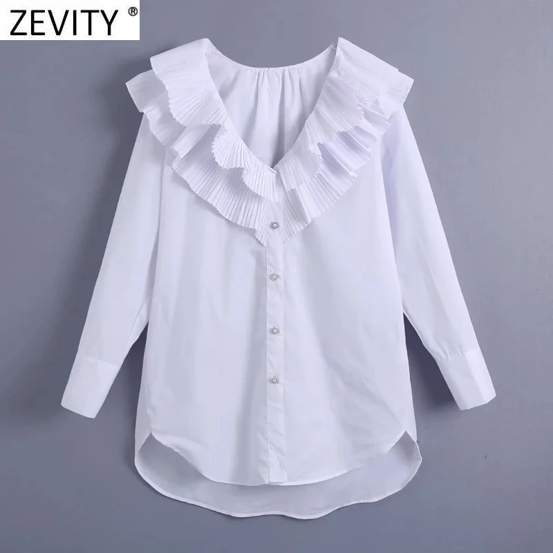 

Zevity New Women Fashion Pearl Buckles Press Pleated Ruffles White Blouse Office Ladies V Neck Shirts Chic Blusas Tops LS10004