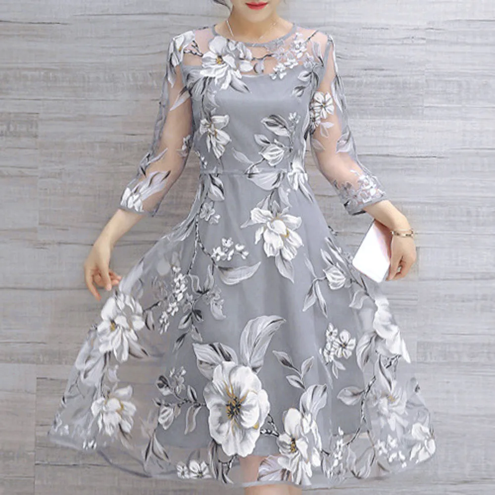 

Floral Printed Dress 2022 Summer Lace Patchwork Elegant Dress For Party Club Women Short Sleeve Casual Midi Dress