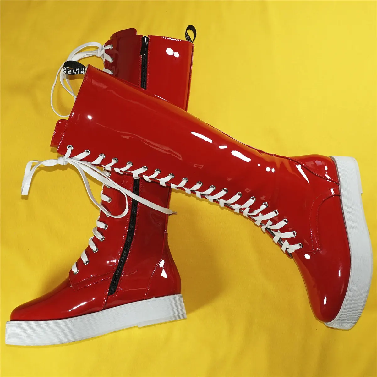 Red Fashion Sneakers Women Lace Up Patent Leather Knee High Boots Female Winter Round Toe Thigh High Platform Pumps Casual Shoes