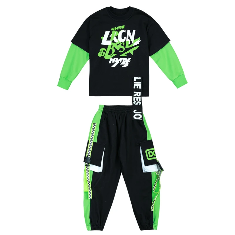 Chłopcy Jesienny Kombinezon Hip Hop Czarny Bluza + Spodnie 2-częściowe Zestawy Nastolatki Dzieci Luźna Odzież Sportowa Stroje 6 8 10 12 14 Y