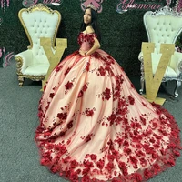 2022 red quinceanera dresses flowers ruffles sweetheart lace up back sweet 15 girls princess dress vestidos de quincea%c3%b1era