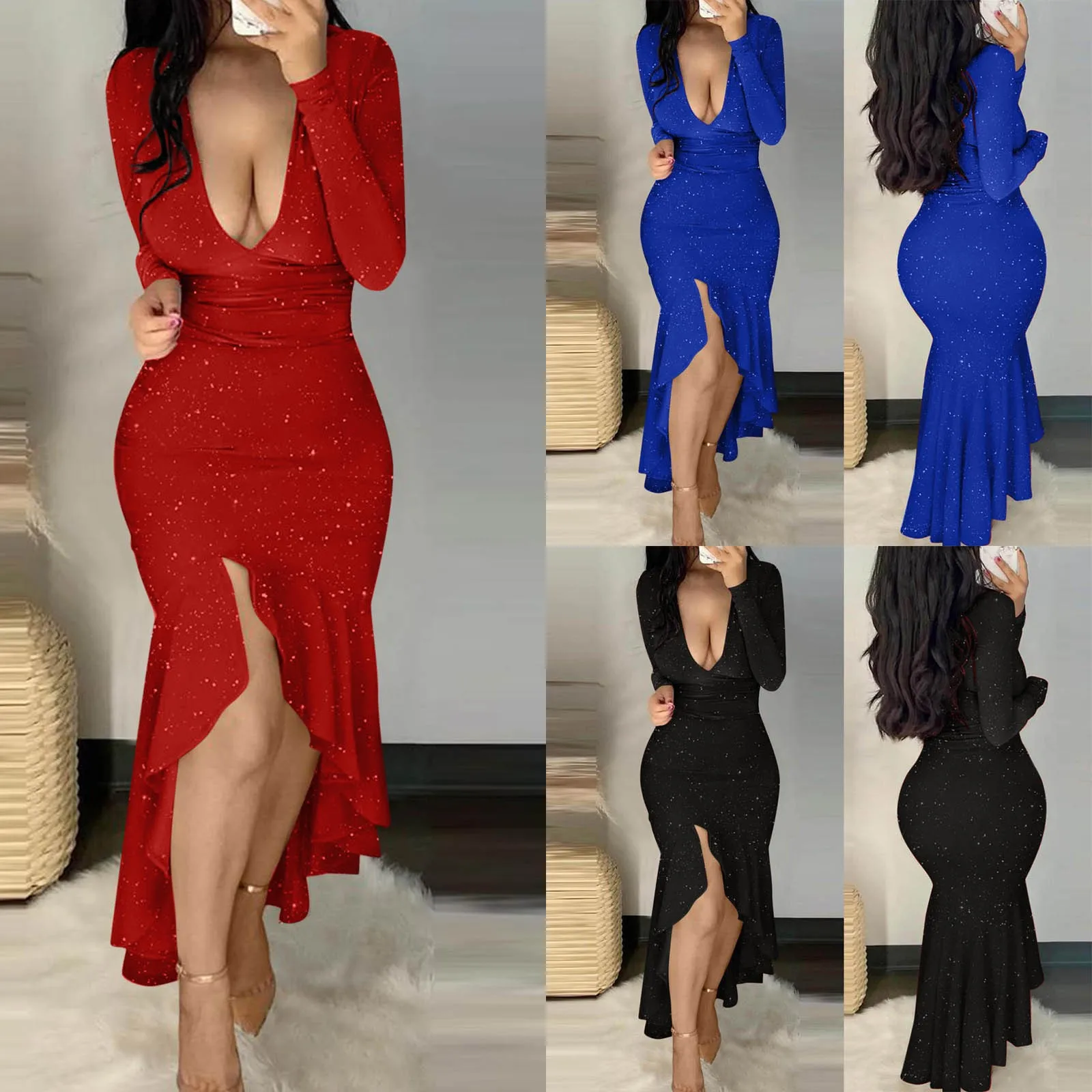 

Женское блестящее платье с длинным рукавом и глубоким V-образным вырезом