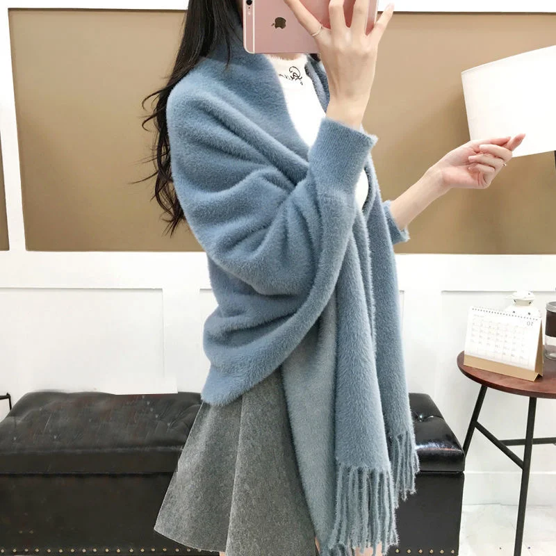 

Women Cape Shawl Knitted Coat Bat Sleeve Imitation Mink Fleece Sweater Cardigan Poncho Mujer Autumn Winter Solid Loose Cloak Top