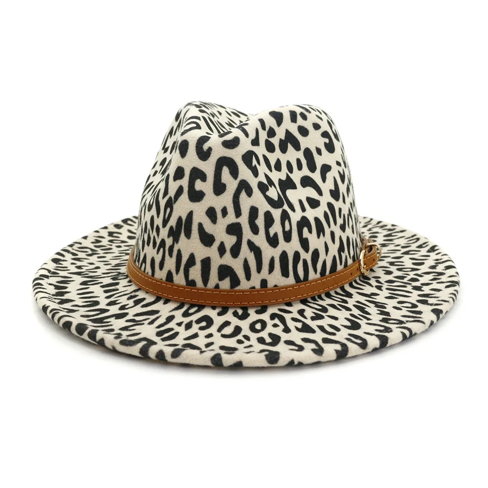 

Fedoras Hat For Women Leopard Pattern Panama Jazz Hats Men Belt Luxury Fashion Casual Wedding Decorate Wide Brim Winter Felt Hat