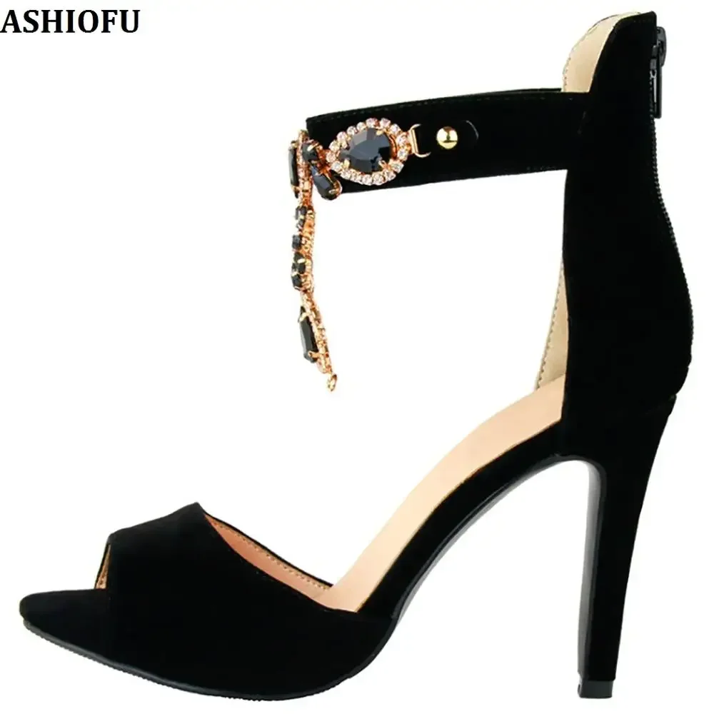 ASHIOFU Handmade Ladies High Heels Sandals Crystal Jewelry Wedding Party Prom Shoes Simple Style Fashion Evening Club