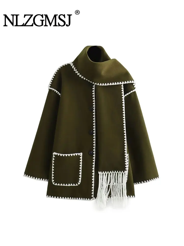 

Nlzgmsj TRAF Elegant Loose Women Coat With Scarf Long Sleeve Pocket Single Breasted Female Coats 2023 Autumn Winter Lady Jacket