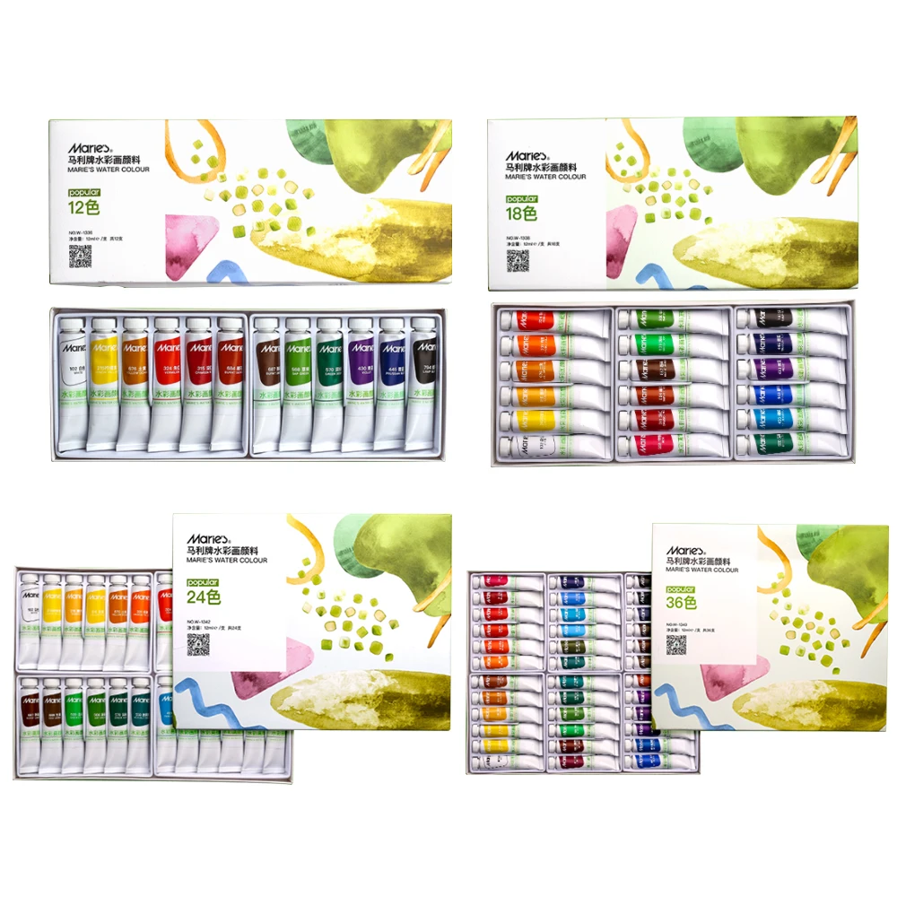 

Marie's Watercolor Paint Set 12/18/24/36 Colors 5ML/12ML Tube Transparent Fine Safe Non-toxic Water Painting Pigments For Kids