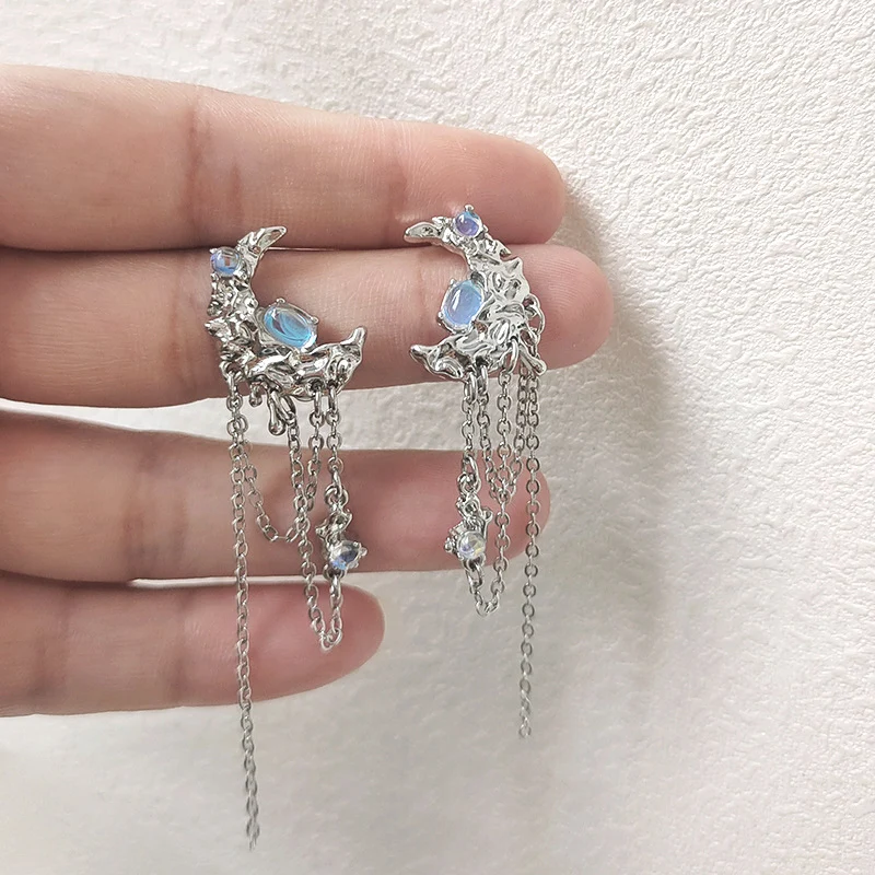 

Luxury Moonstone Earrings Women Love Pendant Heart Long Tassel Drop Ear Studs Y2K Aesthetic Star Opal Crystal Girl Jewelry Gift