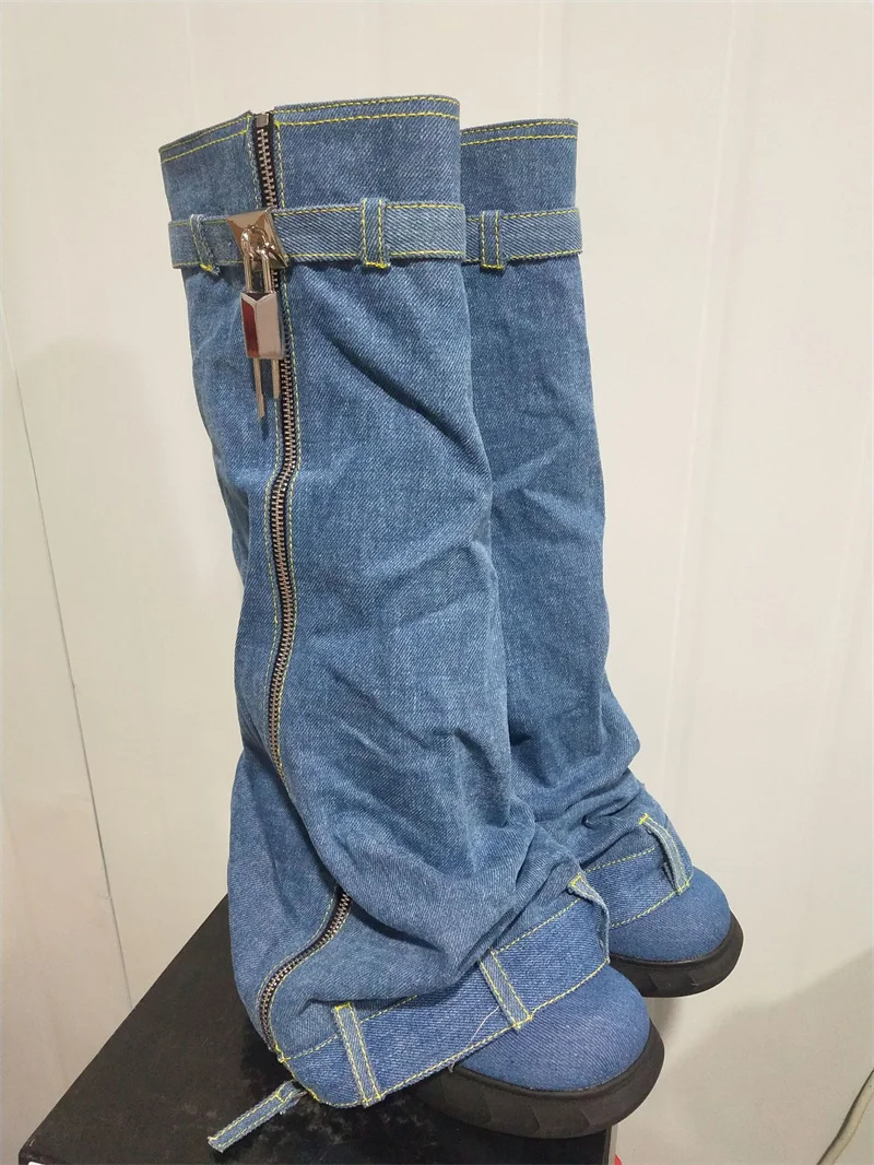 2023 Winter New Style Women's Knee-high Boots Round Toe Platform Wedges Denim Female Shoes Fashion Metal Decoration Boots Ladies