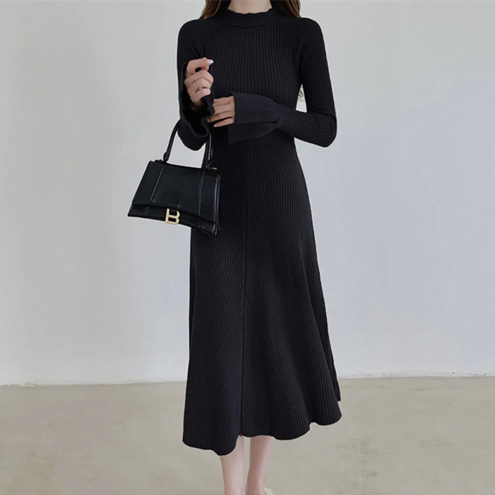

French Knitted Dress Women Stand Solid Color Petal Sleeve Slimming Long Dresses Office Lady A-line Skirt Elegant Female Fashion