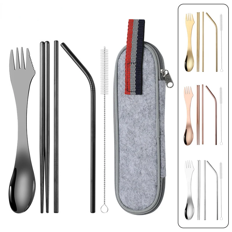 

304 Stainless Steel Three-in-one Knife, Fork and Spoon Set Camping Cutlery Set Reusable Travel Portable Cutlery Storage Bag