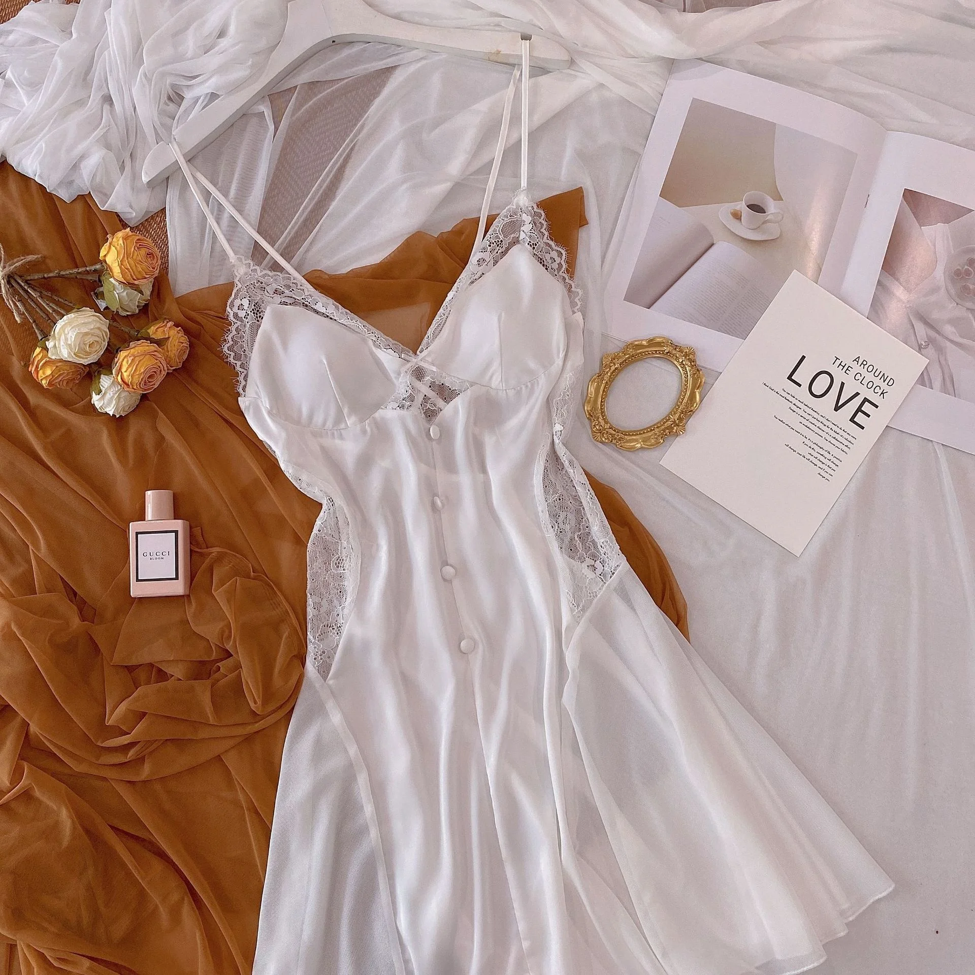 Lisacmvpnel Sexy Hollow Women Summer Nightdress Ice Silk Lace Nightgown With Breast Pad Pajamas Home Clothes