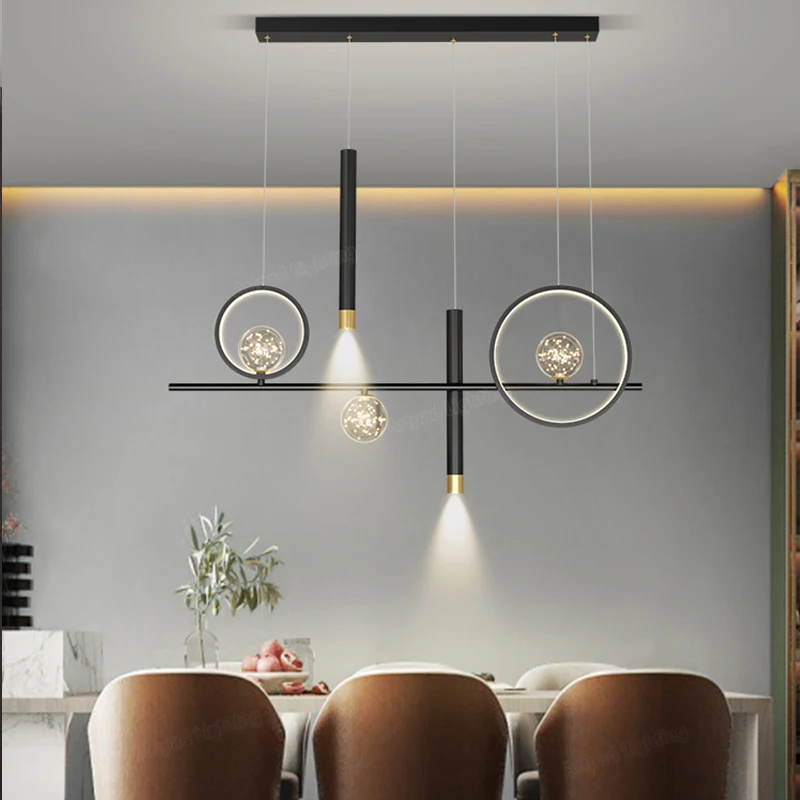 

Modern Dinning Room Hanging Lighting Pendant Long Dining table Bar Kitchen Pendant Lighting with Spotlights Gold Black 120cm