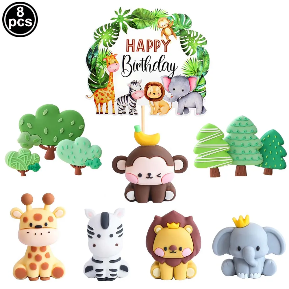 

8pcs Jungle Animal Cake Toppers Lion Giraffe Monkey Elephant Tiger Cake Decor Baby Shower Kids Safari Birthday Party Decoration