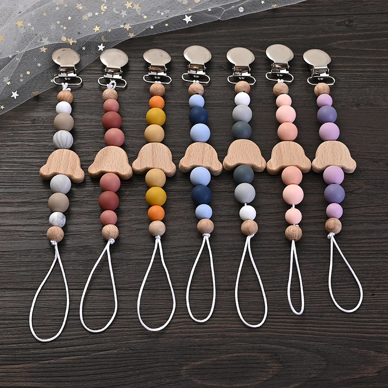 

Baby Metal Dummy Holder Clips Wood Animal Teether Teething Chain Silicone Round Beads For Baby Pacifier Chain Safe Toys Gift