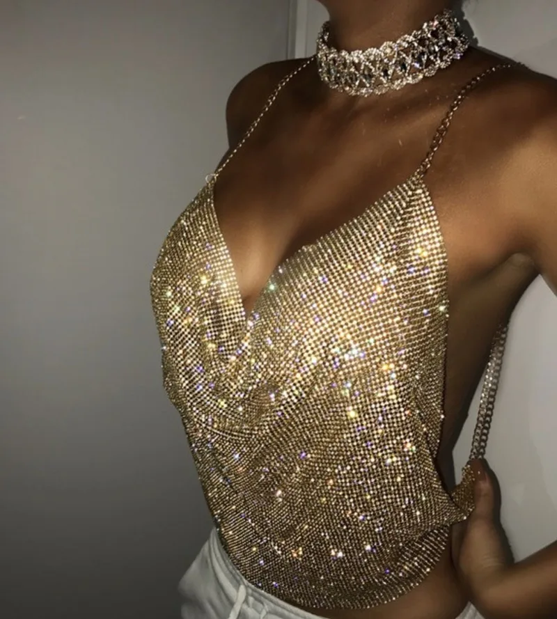 

2021 Fashion Ladies Sexy Low-cut Halter Diamond-studded Flashing Diamond Chain Nightclub Club Party Sling Deep V Umbilical Vest