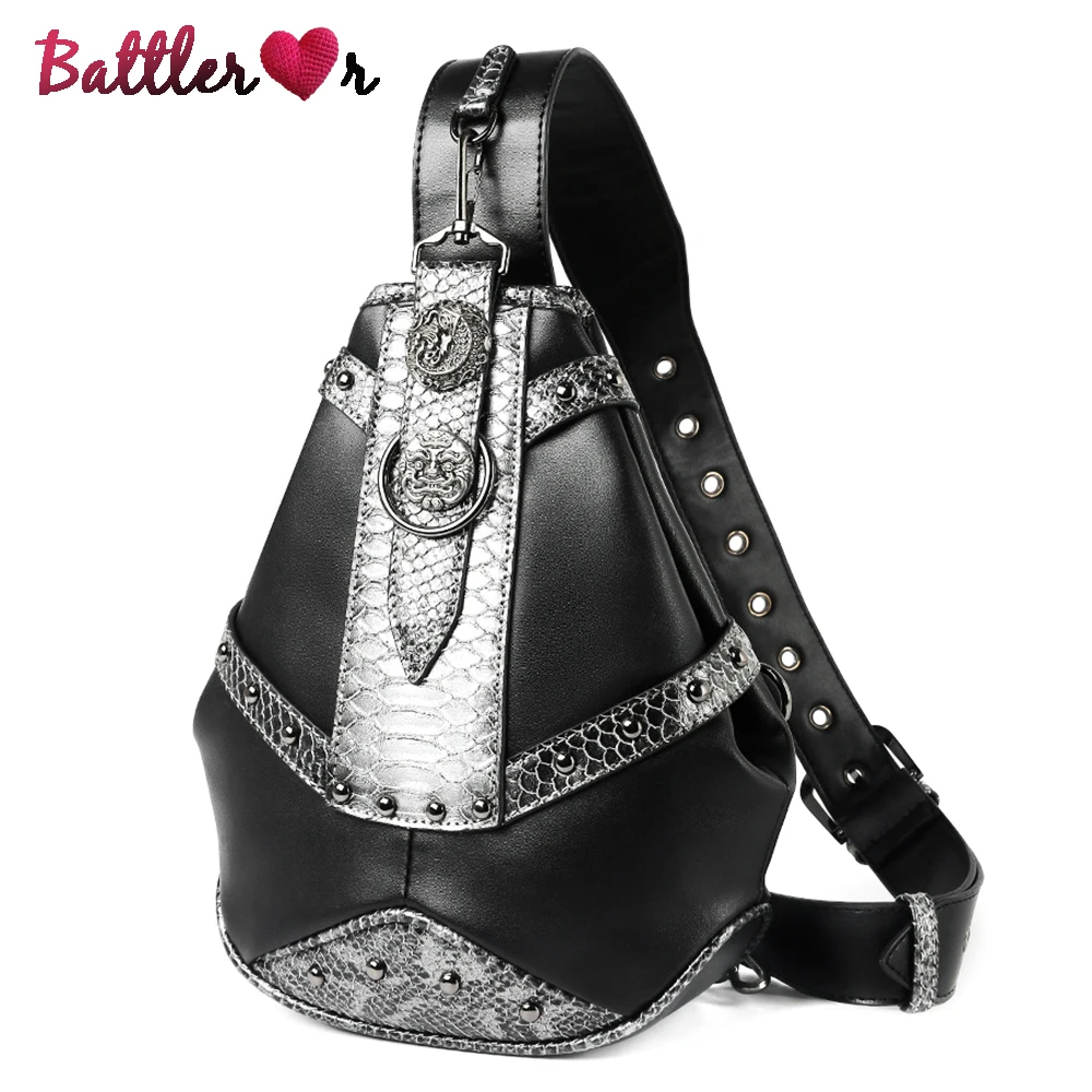 

Motorcycle Punk Shoulder Chest Bags For Men 2022 Retro Vintage Purses And Handbags Male Leather Rivet Crossbody Bag Biker Clutch