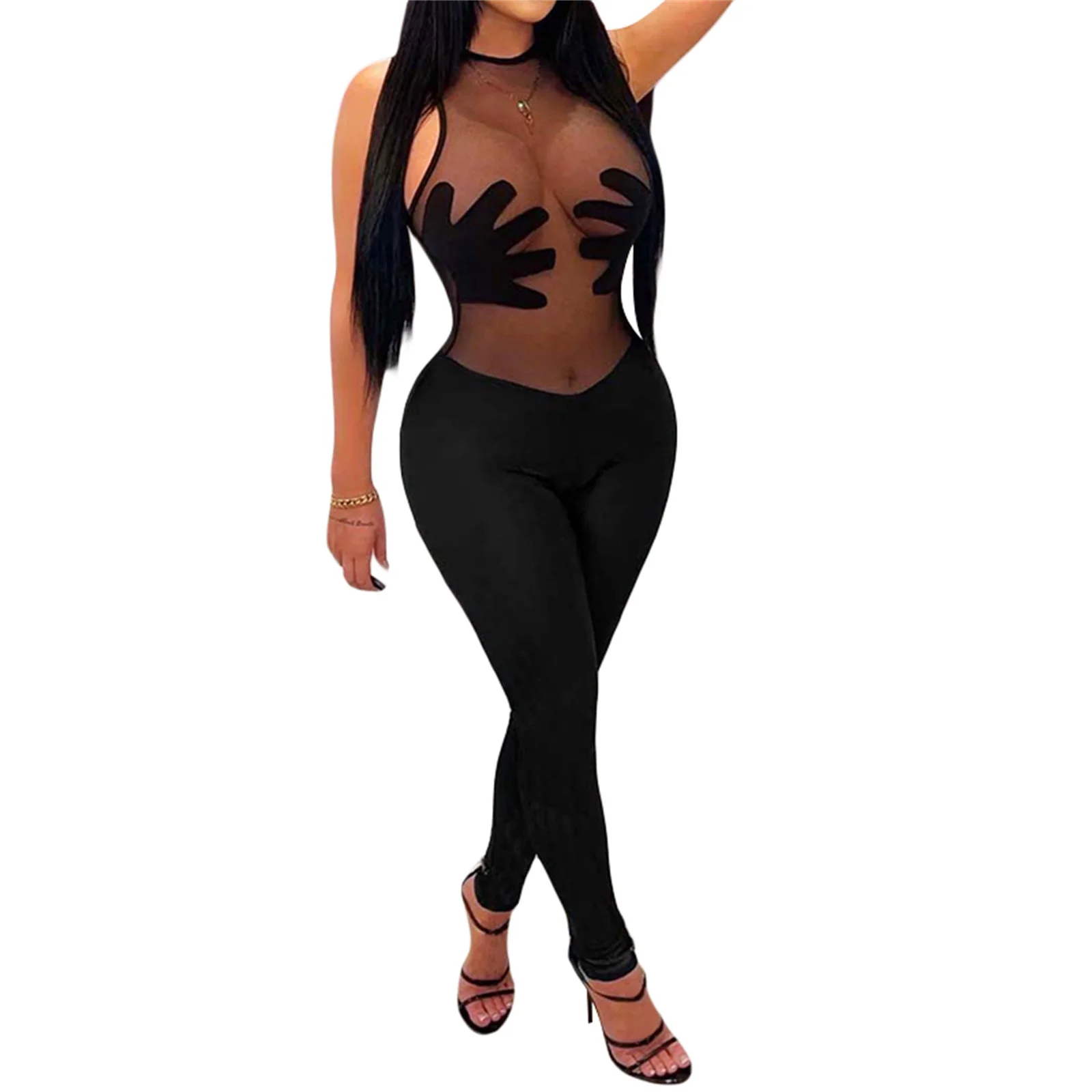 

Women Jumpsuit Sleeveless Crew Neck See-through Patchwork Slim Pants Party Clubwear