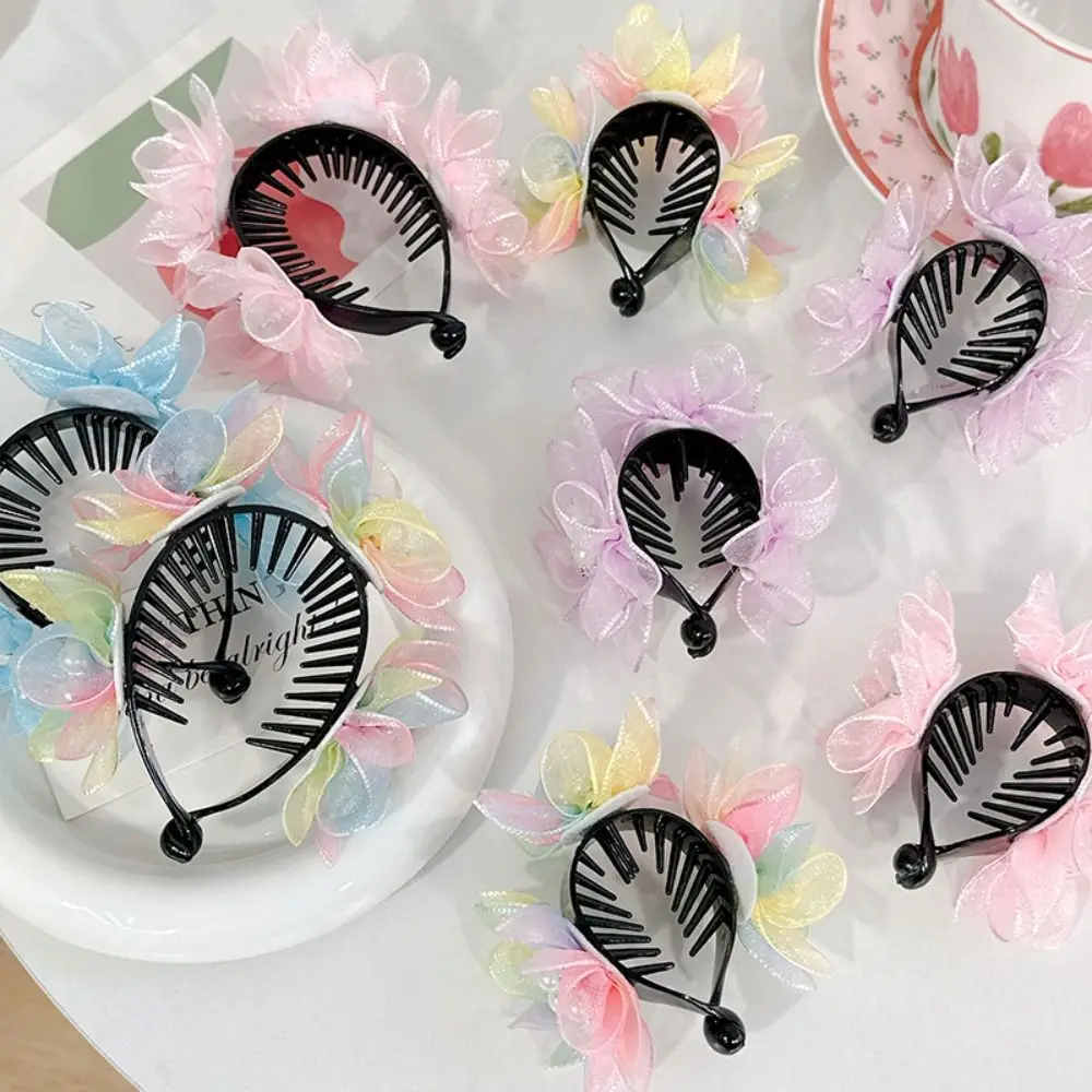 

Mesh Flower Ponytail Clip Vintage Headdress Pearl Flower Hair Claw Hair Comb Colorful Banana Ponytail Clip Dance