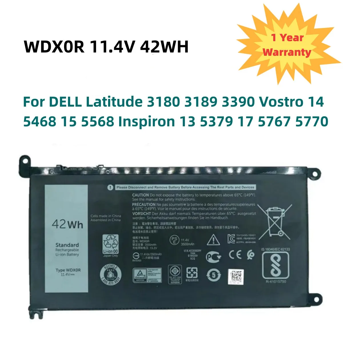

WDX0R 11.4V 42WH For DELL WDXOR Battery For DELL Latitude 3180 3189 3390 Vostro 14 5468 15 5568 Inspiron 13 5379 17 5767 5770