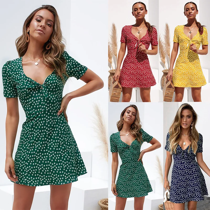 

Женское платье с модным принтом и V-образным вырезом, женские платья с коротким рукавом