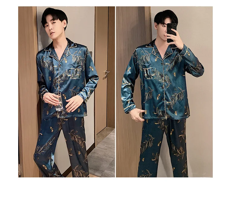 Mens Silk Satin Pyjamas Set Long Sleeve Sleepwear Pajama Autumn Spring Homewear Plus Size L-5XL pajamas for men  pajama set