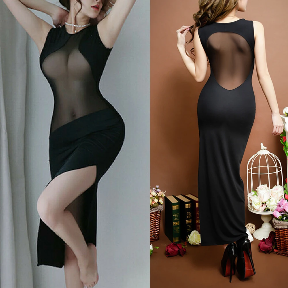 

Womens Sexy Sheer See Through Black Lingerie Side Split Long Dress Clubwear Hollow Out Elegant Sexy Stylish Long Dresses