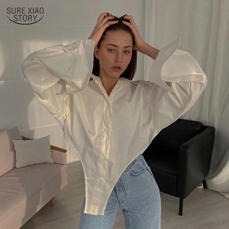 

Милая привлекательная рубашка в офисном стиле, весна 2023, асимметричная Офисная Женская блузка с длинными рукавами, Повседневная элегантная белая рубашка для женщин, 19387