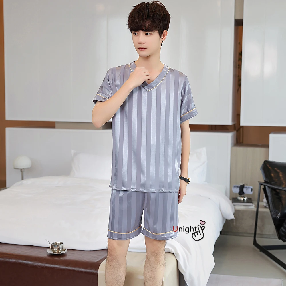 Летняя Пижама 3XL Мужской Шелковый атласный пуловер и шорты комплект из 2