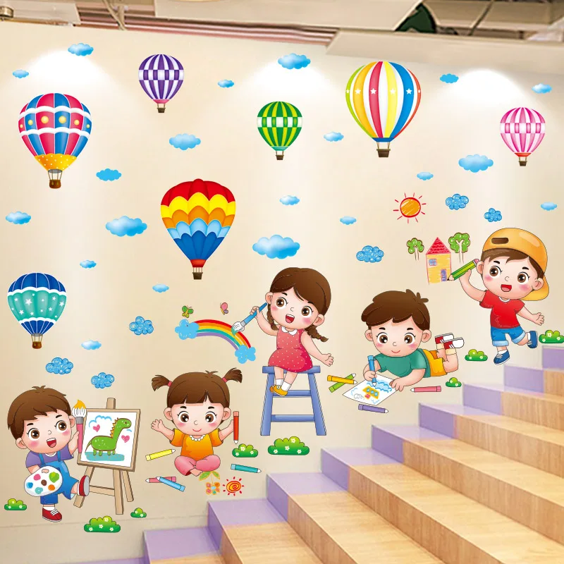 Cartoon Children Drawing Wall Stickers DIY Hot Air Balloons Mural Decals for Kids Rooms Baby Bedroom Nursery Home Decoration