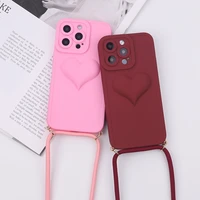 new korea 3d liquid silicone love heart lanyard phone case with strap for iphone 11 12 13 pro max crossbody necklace soft cover