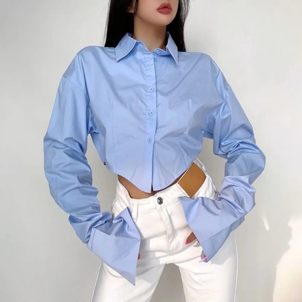 

2023 American Posh Spice Street Photo Ins Design Sense Niche Short Style Slimming Long-Sleeved White Shirt