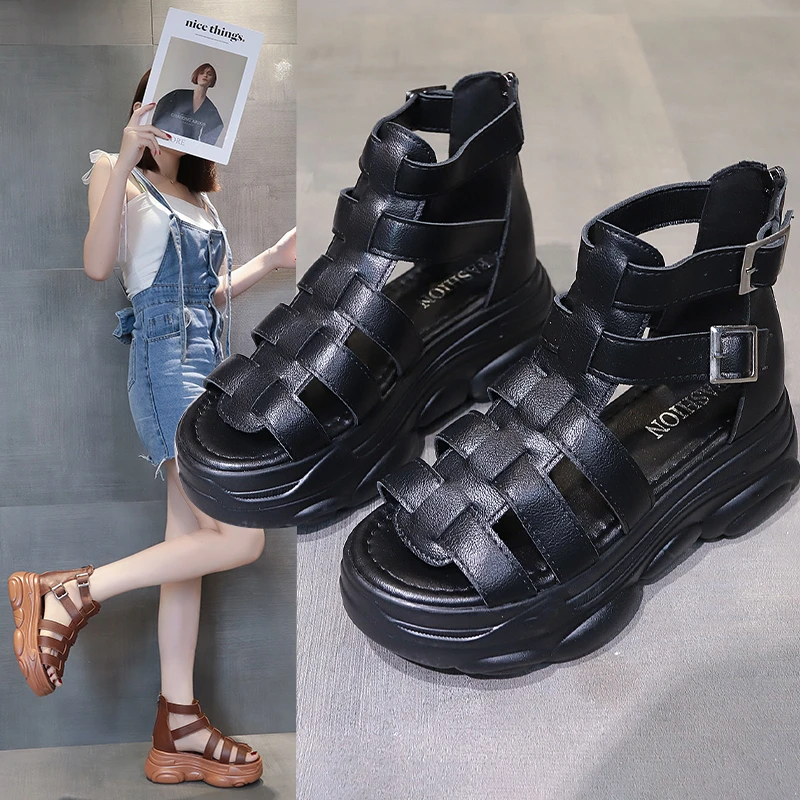 

Women Platform Sandals Fashion Open-toed Gladiator Shoes Retro British Style Non-slip Flat Shoes