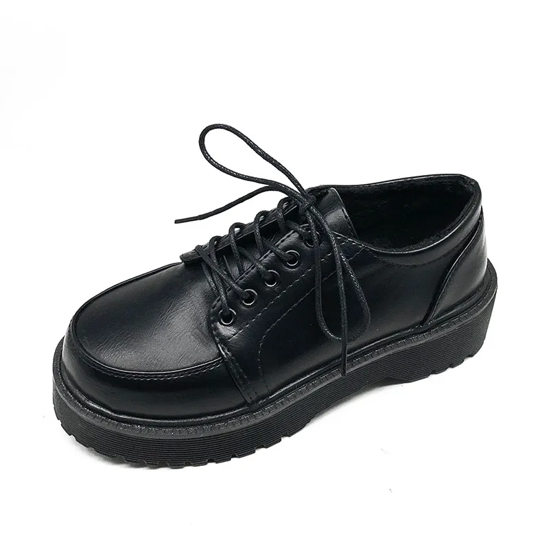 

Spring Autumn Women Oxford Shoes Flat on Platform Casual Shoes Black Lace Up Leather Shoes Sewing Round Toe zapatos mujer