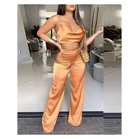 chicme women satin cowl neck blackless crop top shirred wide leg pants set two pieces set fall clothes women casual sexy
