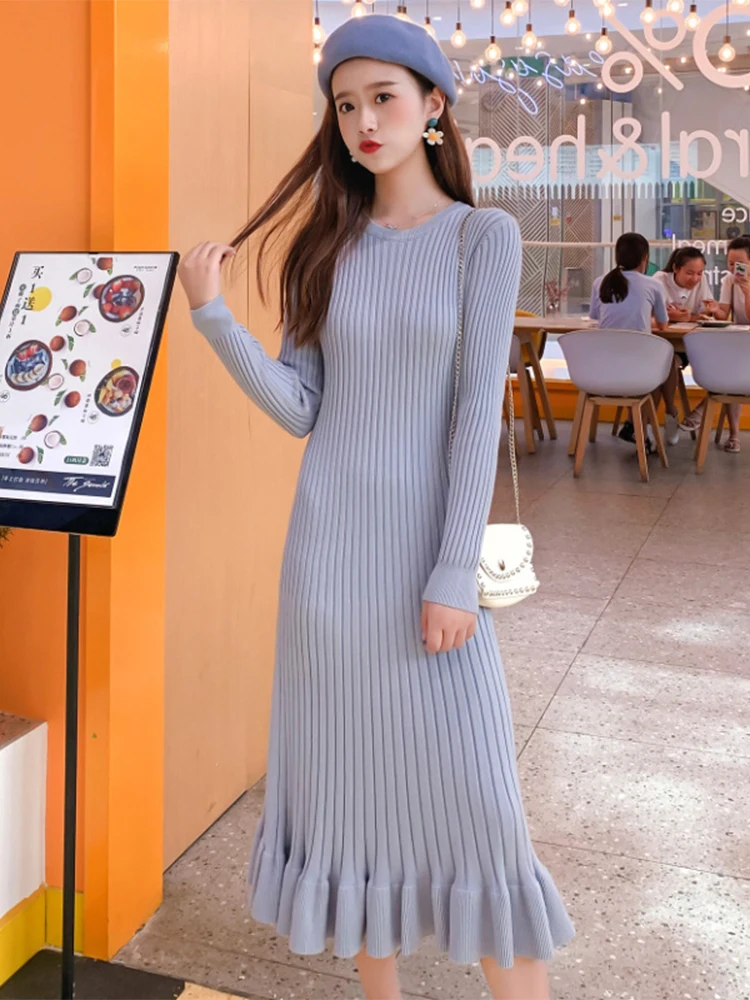 

Autumn Knitted Long Dress Women Long Sleeve High Waist Round Neck Pink Ruffle Dress Female Korean Fashion Winter Black Vestidos