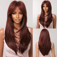 synthetic wigs long straight reddish brown highlight hair wigs with bangs for black women afro cosplay heat resistant wigs