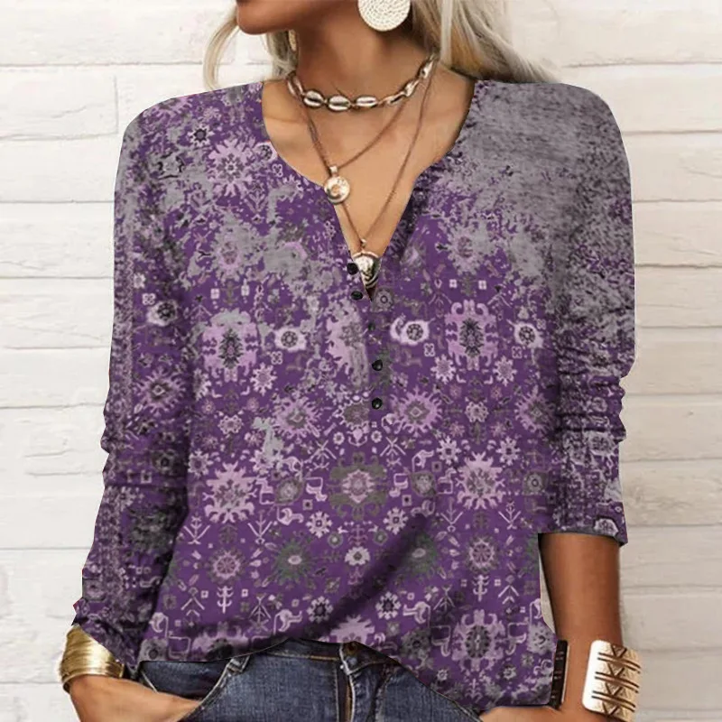 New Vintage Ethnic Style Floral Print Autumn Winter Womens Blouse Tops Casual Long Sleeve V-Neck Straight Boho Shirts Streetwear