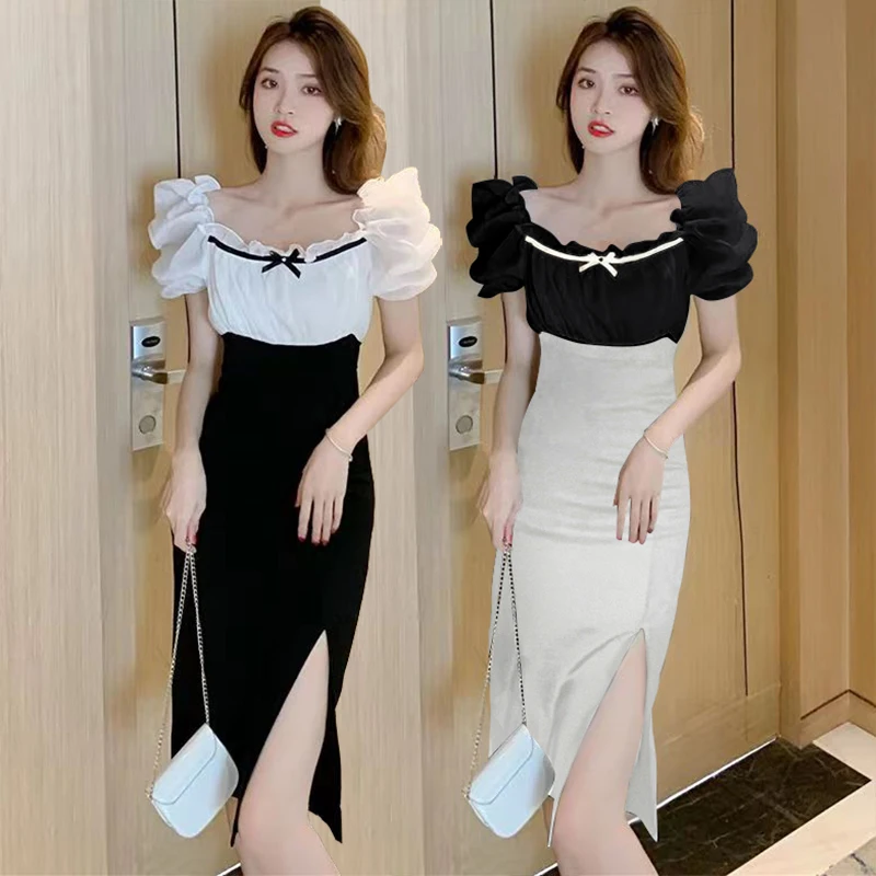 

2023 New Summer Short Sleeve French Cute Patchwork High Waist Dress for Women Sexy Hip Wrap Split Dress Slim Elegant Party Dress